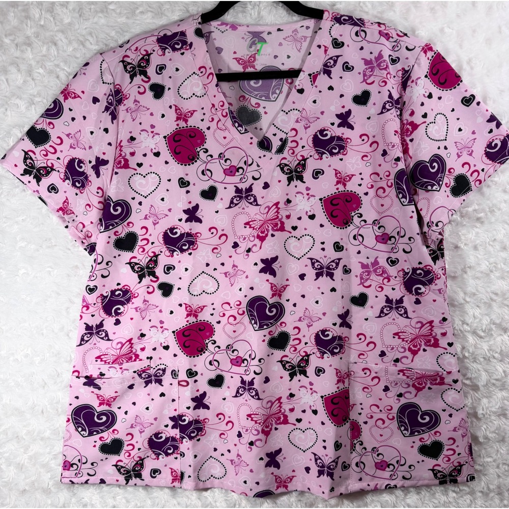 GT Performance Women 2X Pink Butterfly Heart V-Neck Scrub Top Uniform